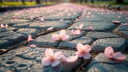 Petal-covered stone pavement in a park