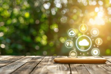 A tablet on a wooden surface displays eco-friendly icons with a blurred green forest background and sunlight.