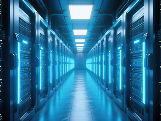 Fototapeta premium futuristic data center with rows of glowing server racks