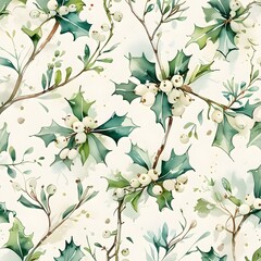 Hand drawn botanical mistletoe seamless pattern Christmas in vector watercolor effect Generative AI 