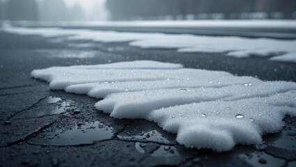 Abstract textures of melting snow and tire tracks on wet pavement illustrating winter environmental patterns