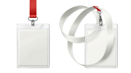 Blank ID badges with red and white lanyards for events or conferences