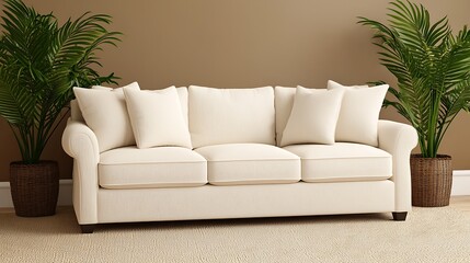Elegant cream sofa in a neutral setting with lush green plants providing a cozy home interior aesthetic.