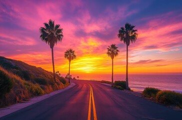 Fototapeta premium Romantic coastal road with palm trees and vibrant sunset sky