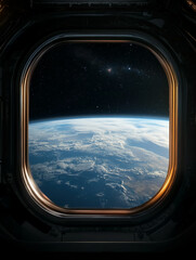 Fototapeta premium Sci-fi spaceship window view of Earth, futuristic cosmic mobile wallpaper 