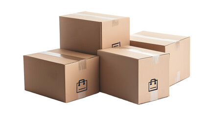 Fototapeta premium Stacked cardboard boxes with shipping icons on a white background