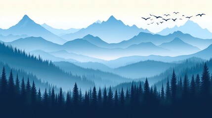 Obraz premium Serene Blue Mountain Vista: A Panoramic View of Misty Peaks and a Tranquil Forest