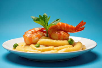 Tempting Shrimp and Grits Photography: Cozy Corner, Dusty Blue Background, Clean Style, Colored Gel Lighting, Spacious Layout, High Resolution