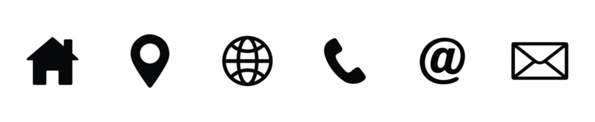 Collection of Essential Contact Icons Home, Location, Globe, Phone, Email, and At Symbol