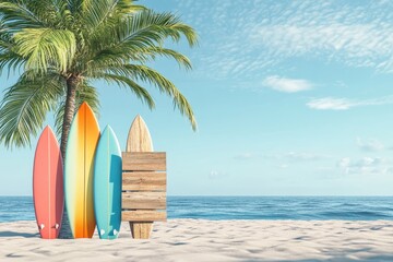 Colorful surfboards lean against a palm tree on a pristine beach, next to a blank wooden sign
