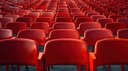 Fototapeta premium Empty rows arranged red seats of outdoor tribune sport building stadium.