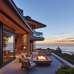 Sunset reflecting on sleek coastal architecture house high resolution picture