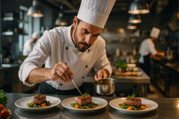Chef Plating Gourmet Dishes in Professional Kitchen