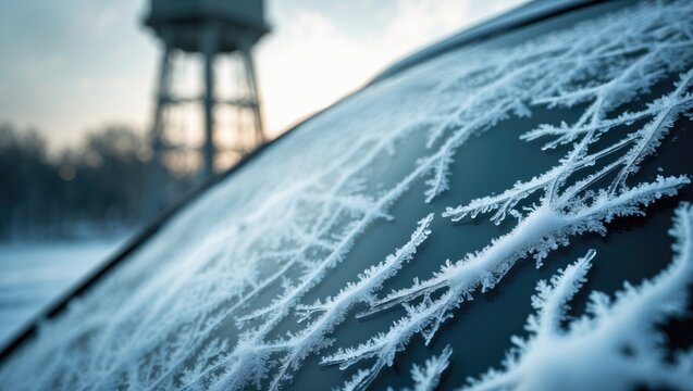 Frost and snow on the windshield of a vehicle.