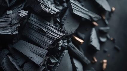Macro shot of black coal with textured, abstract background