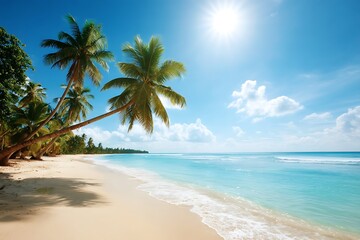 Idyllic Tropical Beach Scene Sun Palm Trees Ocean Sand White Coastline Paradise
