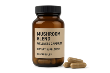 A brown bottle labeled Mushroom Blend containing dietary supplement capsules, with a few capsules outside the bottle. Concept Mushroom Blend, Dietary Supplement, Health Capsules, Natural Ingredients