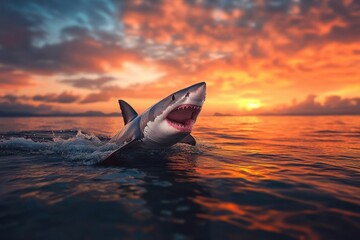 Fototapeta premium Shark breaching the water at sunset with vibrant colors reflecting on the ocean surface
