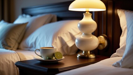 Stylish bedroom scene highlighting a bed with linen, a tea cup, and soft lighting from a lamp