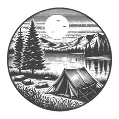 Vintage Hand-Drawn Camp Tent Near Lake with River Illustration – Rustic Landscape Engraved Style Vector for T-Shirts, Posters, Stickers, and Outdoor Themes Apparel