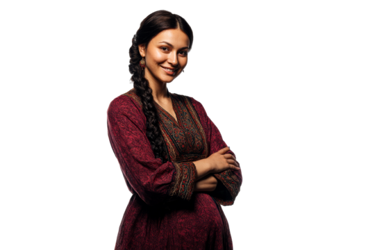 Woman in traditional dress with a braid on clear background