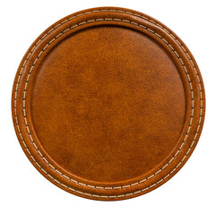 Layered Brown Leather Circle Button with Double Seam in 3D render with transparent background