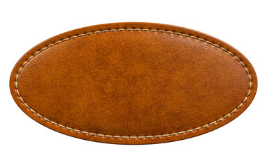 Brown Oval Leather Patch with Seam Details and Smooth Texture in 3D render with transparent background