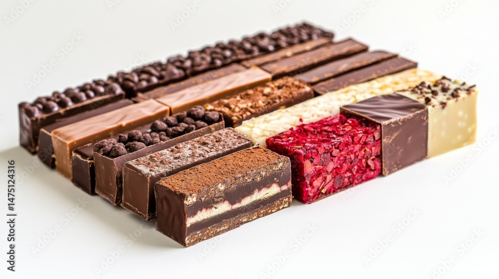 Poster an assortment of chocolate bars, including different flavors and fillings, neatly displayed on a whi