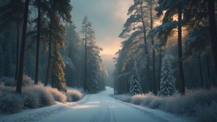 Naklejka premium Winter scene featuring a snow-covered forest pathway