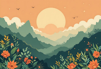 Sunset Over Mountain Landscape with Vibrant Flowers and Birds