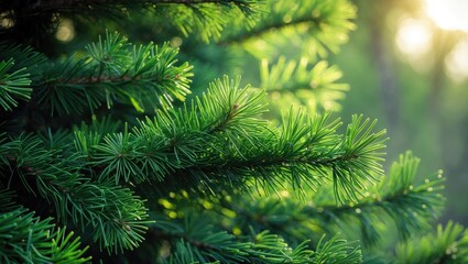 Bright outdoor scene of a Christmas tree branch with sunlight filtering through leaves
