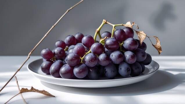 Fresh black grape cluster with stem on white surface, isolated background