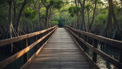 Relaxing summer outdoor scene with wooden walkway amid green trees and garden