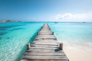 Fototapeta premium Serene Wooden Dock Extending into Turquoise Ocean Waters on a Sunny Day: Idyllic Beach Vacation Scene
