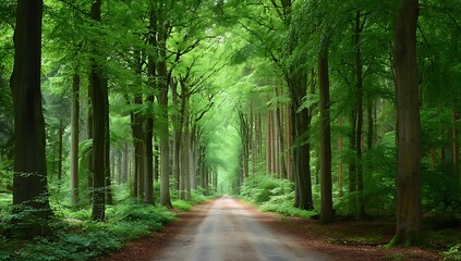 Fototapeta premium Serene Forest Path Winding Through Lush Green Trees Sunlight Dappled Canopy