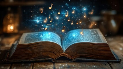 Ancient book with magical music notes