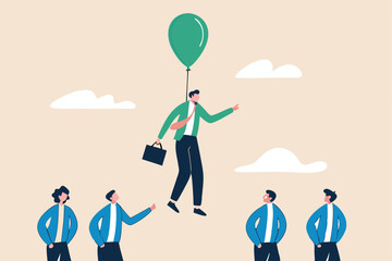 Innovation or stand out skill to different from others, success leader with winning strategy concept, smart businessman flying with balloon suit over other competitor or recruiting candidates.