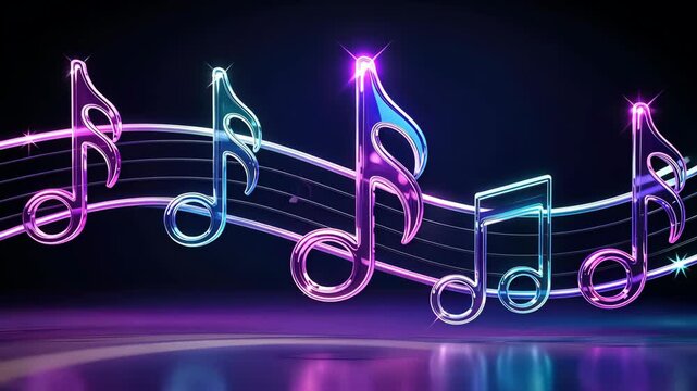 Luminous musical notes dancing over radiant staff, generating dynamic electronic music visualization.