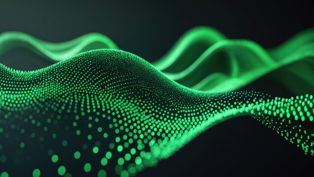 Particles creating a dynamic wave in an abstract green gradient hologram