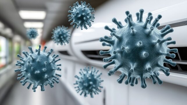 Close-up view of air conditioner with floating cartoon-style coronavirus particles against gray gradient background