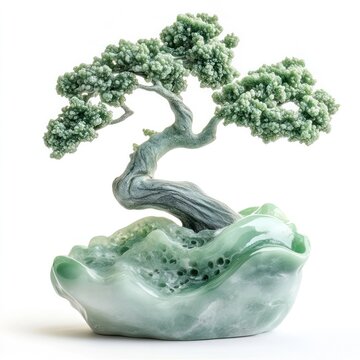 Elegant Miniature Bonsai Tree delicately displayed on a jade stone depicting a serene and harmonious scene in nature  The bonsai s intricate and twisted branches evoke a sense of zen and tranquility