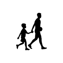 A young footballer walks together holding his coach's hand vector. 