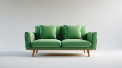 Series of furniture featuring a green sofa with wooden legs against a white background.