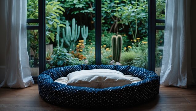 White room with an empty dog bed and a garden background providing copy space