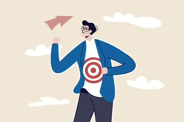 Recruitment target, head hunt, HR, human resources finding right candidate or target audience in marketing concept, businessman wearing eyeglasses tearing his suit reveal target symbol on his shirt.