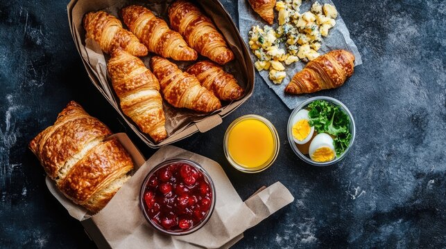 Delicious Breakfast Picnic Basket: Croissants, Eggs, Cheese, and Cranberry Jam - Powered by Adobe