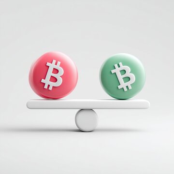 Dos caramelos de Bitcoin verde y rojo en un juego de equilibrio a nivel, como un trapecio, balanza de piedra blanca sobre fondo gris claro, uniforme, zen