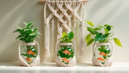 Bottles with ornamental plants and betta fish are hung on the house wall using white woven ropes as decorative elements.