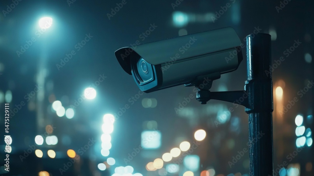 Poster an outdoor shot of a cctv camera monitoring a parking lot at night, illuminated by surrounding light