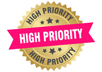 Obraz premium high priority. high priority round pink and gold label isolated on transparent background